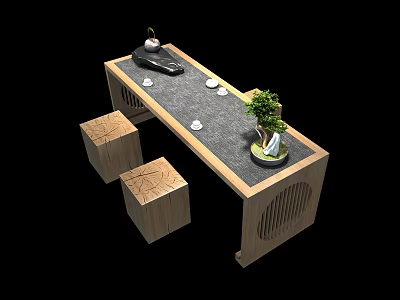 Natural Wooden Table and Chair Set with Tea Set Small Plates and Potted Plant 3d model