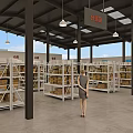 Spacious Open Market Interior With Rows Of Shelves Hanging Signs And People Shopping