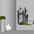 Minimalist Indoor Landscape With White Vase Green Plants Metal Decor White Sculptures And Sunlight Shadows