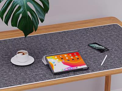 Modern Tablet Workspace on Wooden Table with Coffee Cup Smartphone Pen and Green Leaf Plant 3d model