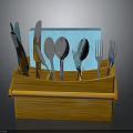 Functional Wooden Utensil Holder With Knives Spoons Forks And Blue Napkin