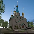 European-style Architecture Featuring Blue Spire Golden Domes Surrounded by Green Lawns Trees and Blue Sky