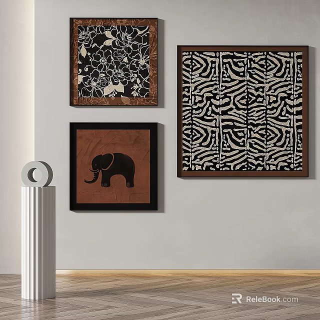 Abstract Paintings With Black White Patterns And Brown Background In Wooden Frames On Gray Wall 3d model