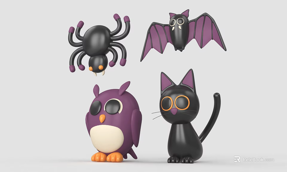 Halloween Black Purple Orange Spider Bat Owl Cat Decorative Figurine Set 3d model 