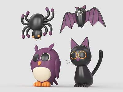 Halloween Black Purple Orange Spider Bat Owl Cat Decorative Figurine Set 3d model
