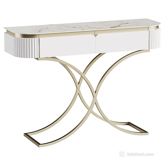 Elegant Modern Dressing Table With White Drawers And Gold Metal Legs 3d model 