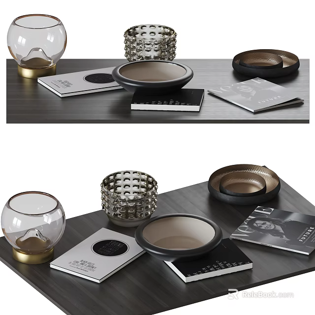 Modern Decorative Ornament Set With Glass Vase Metallic Bowls Trays And Books on Tabletop 3d model 