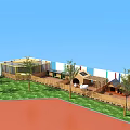 Charming Garden Features With Green Lawn Small Trees Wooden Huts And Colorful Striped Walls