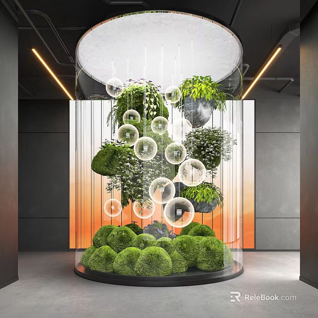 Stunning Indoor Landscape With Hanging Greenery Transparent Spheres And Warm Lighting 3d model 