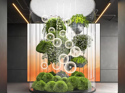 Stunning Indoor Landscape With Hanging Greenery Transparent Spheres And Warm Lighting 3d model