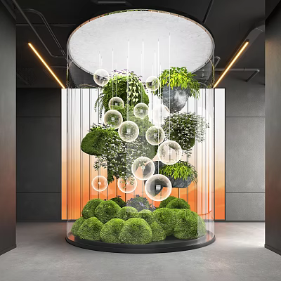 Stunning Indoor Landscape With Hanging Greenery Transparent Spheres And Warm Lighting 3d model