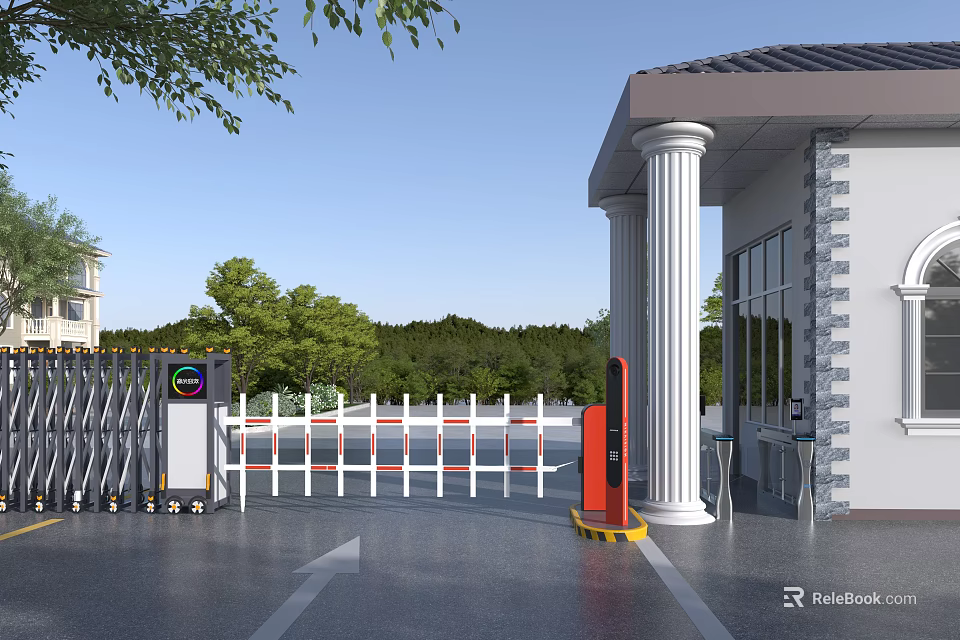 Modern Residential Community Entrance Equipped With Automatic Access Control Barrier Gate And Stylish Security Booth 3d model 