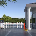 Modern Residential Community Entrance Equipped With Automatic Access Control Barrier Gate And Stylish Security Booth