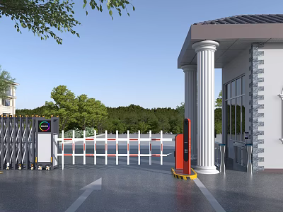 Modern Residential Community Entrance Equipped With Automatic Access Control Barrier Gate And Stylish Security Booth 3d model