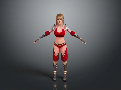 Woman In Red Outfit With Metallic Shoulder Armor And Blonde Hair Standing Pose 3d model