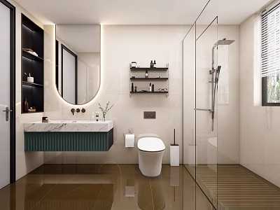 Elegant Modern Bathroom Interior With Round Mirror Green Vanity White Toilet And Glass Shower 3d model