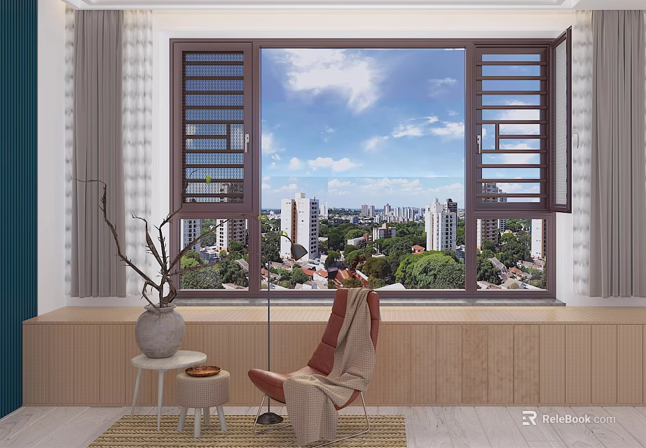 Casement Window Interior With City View Cozy Armchair And Natural Light 3d model 