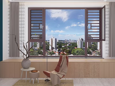 Casement Window Interior With City View Cozy Armchair And Natural Light 3d model