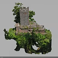 Ancient Stone Tower Ruin With Lush Green Vegetation And Rocky Floating Hollow Base