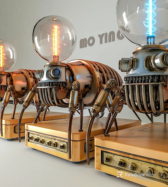 Vintage Mechanical Table Lamp With Metal Components Transparent Bulb And Wooden Base 3d model 