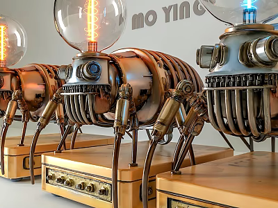 Vintage Mechanical Table Lamp With Metal Components Transparent Bulb And Wooden Base 3d model
