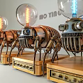 Vintage Mechanical Table Lamp With Metal Components Transparent Bulb And Wooden Base