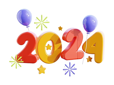 Vibrant 2024 Celebration Display With Purple Balloons Stars And Sparkles Decorations 3d model