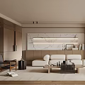 Modern Minimalist Living Room Interior With Beige Sofas Marble Accent Wall And Wooden Elements