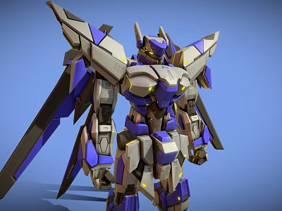 Purple And Gray Sci Fi Mech Character With Mechanical Wings And Yellow Accents 3d model