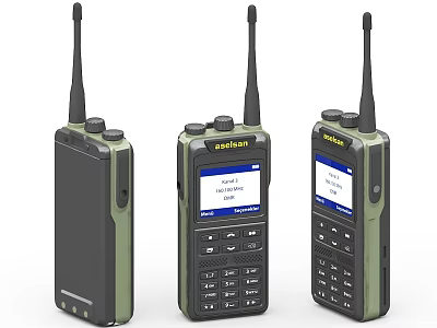 Three Handheld Walkie Talkie Devices With Screen Keypad And Antenna For Communication 3d model