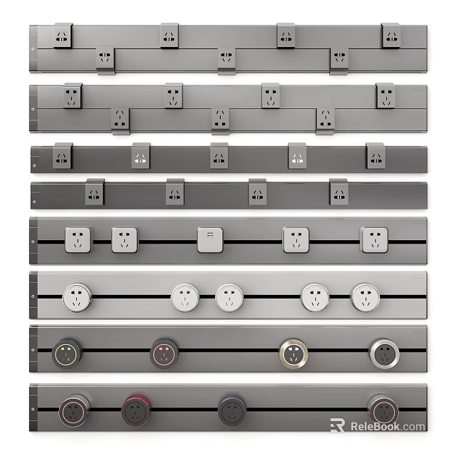 Modern Switch Panels Featuring Various Sockets And Decorative Buttons Arranged In Rows 3d model