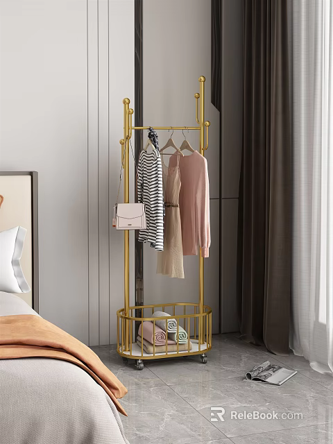 Stylish Gold Clothing Rack In Bedroom With Hanging Clothes Handbag And Storage Basket 3d model 