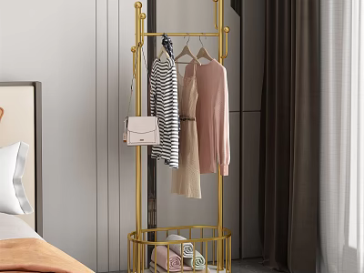 Stylish Gold Clothing Rack In Bedroom With Hanging Clothes Handbag And Storage Basket 3d model