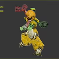 Yellow Robot Character With Green Eyes And Mechanical Arms Holding Weapons