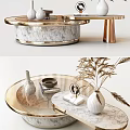 Elegant Modern Round Coffee Table With Marble Top Gold Frame And Decorative Items 3d model