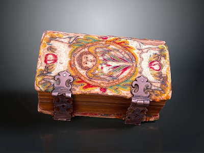 Colorful Decorative Box With Painted Floral And Figure Motifs And Antique Metal Clasps 3d model