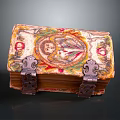 Colorful Decorative Box With Painted Floral And Figure Motifs And Antique Metal Clasps
