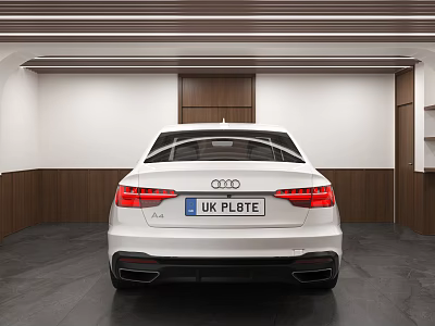 Elegant Garage Interior With White Audi Car And Wooden Wall Design 3d model