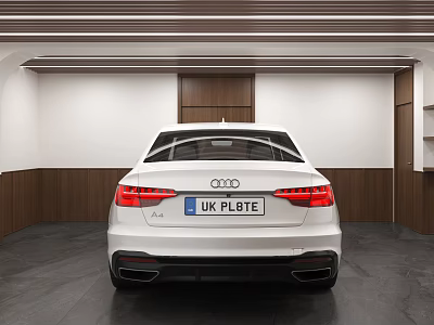 Elegant Garage Interior With White Audi Car And Wooden Wall Design 3d model