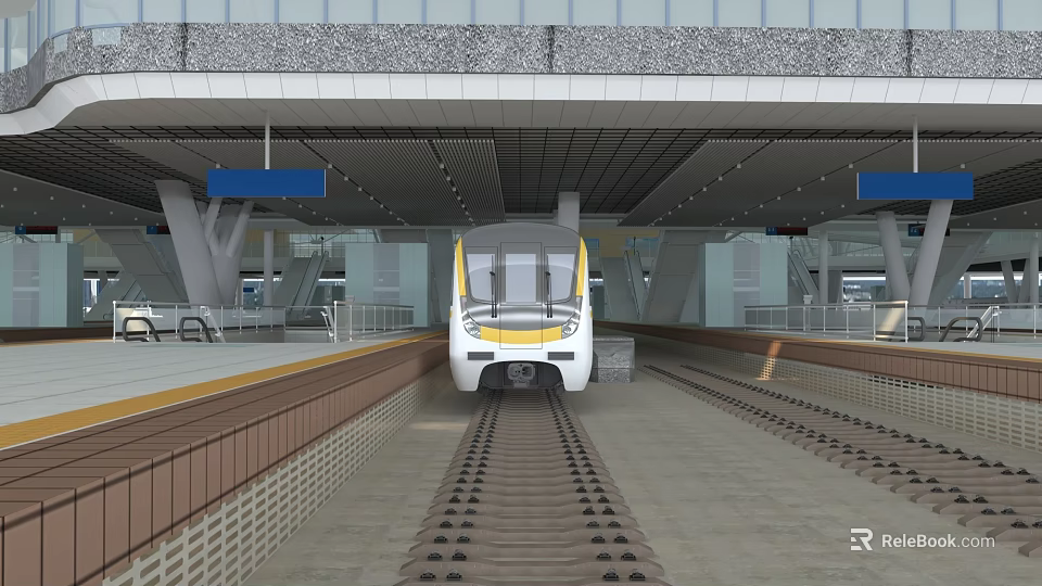 High Speed Train At Modern Railway Station Platform With Tracks And Facilities 3d model 
