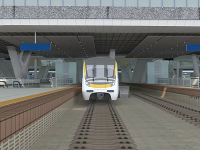 High Speed Train At Modern Railway Station Platform With Tracks And Facilities 3d model
