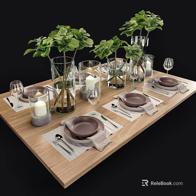 Elegant Tableware Set With Plates Cutlery Napkins Green Plants Vases And Candles On Wooden Table 3d model 