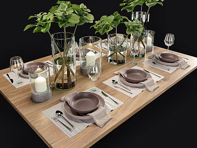 Elegant Tableware Set With Plates Cutlery Napkins Green Plants Vases And Candles On Wooden Table 3d model