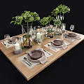 Elegant Tableware Set With Plates Cutlery Napkins Green Plants Vases And Candles On Wooden Table