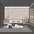 Modern Bedroom Interior Design With Bed Pendant Lights Desk Chair And Bookshelves