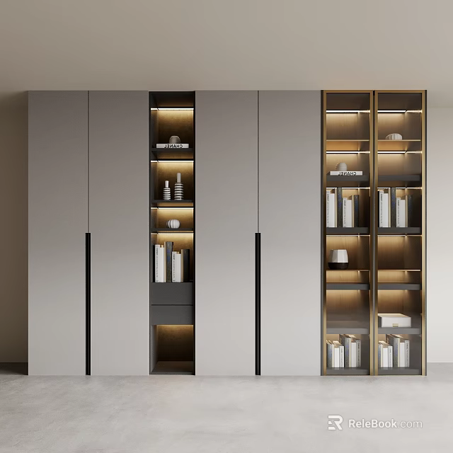 Modern Symmetric Wardrobe Interior With Lighted Open Shelves Gray Cabinets And Decor Items 3d model 