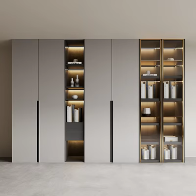 Modern Symmetric Wardrobe Interior With Lighted Open Shelves Gray Cabinets And Decor Items 3d model
