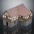 Medieval Style Timber Frame House Model With Red Tiled Roof Stone Walls And Wooden Windows