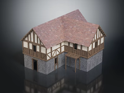 Medieval Style Timber Frame House Model With Red Tiled Roof Stone Walls And Wooden Windows 3d model
