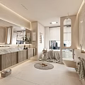 Modern Bathroom Interior Design With Large Mirror Vanity Cabinets Window Blinds And Green Plant